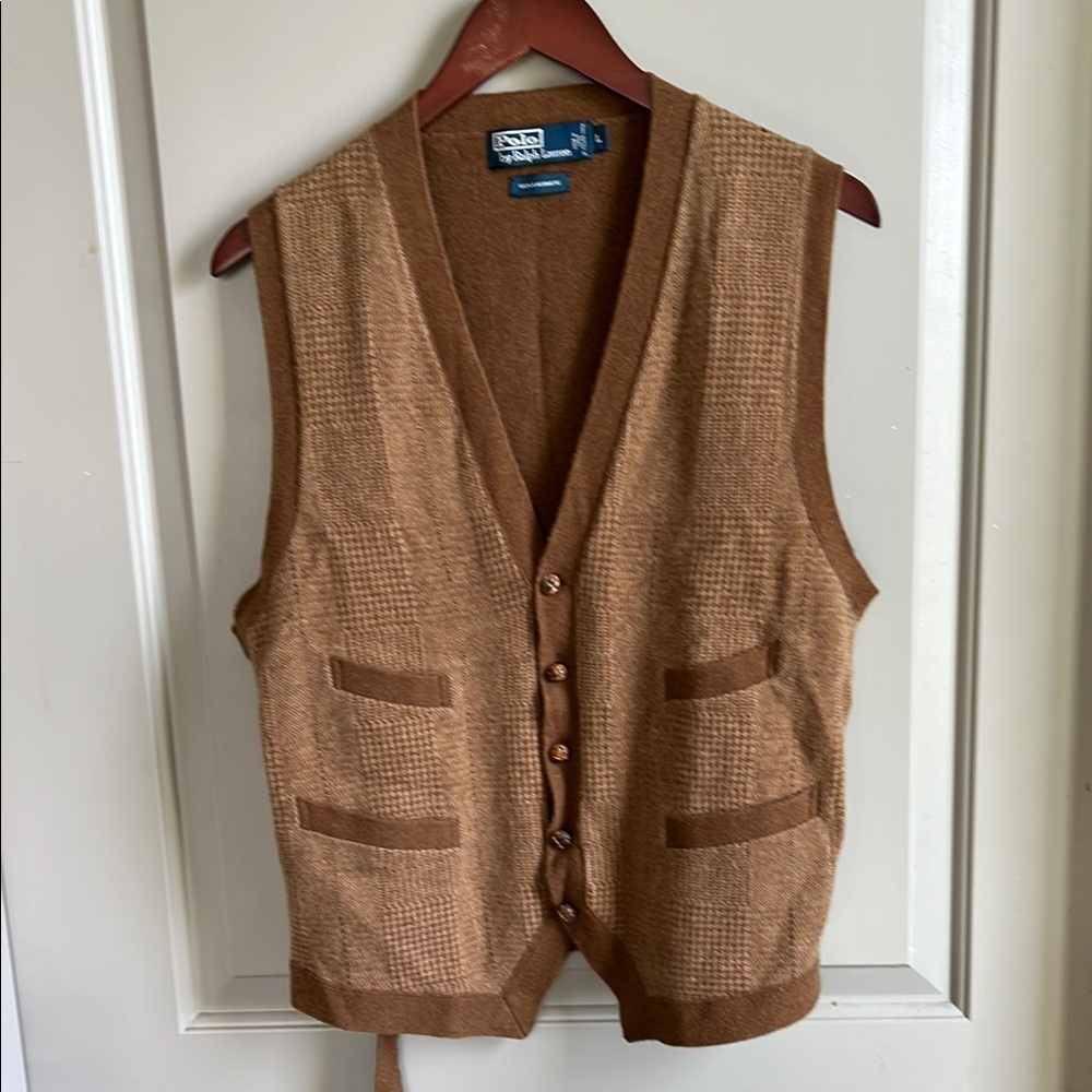 POLO by Ralph Lauren 100% Cashmere Brown and Tan Button-Up Vest Size L
